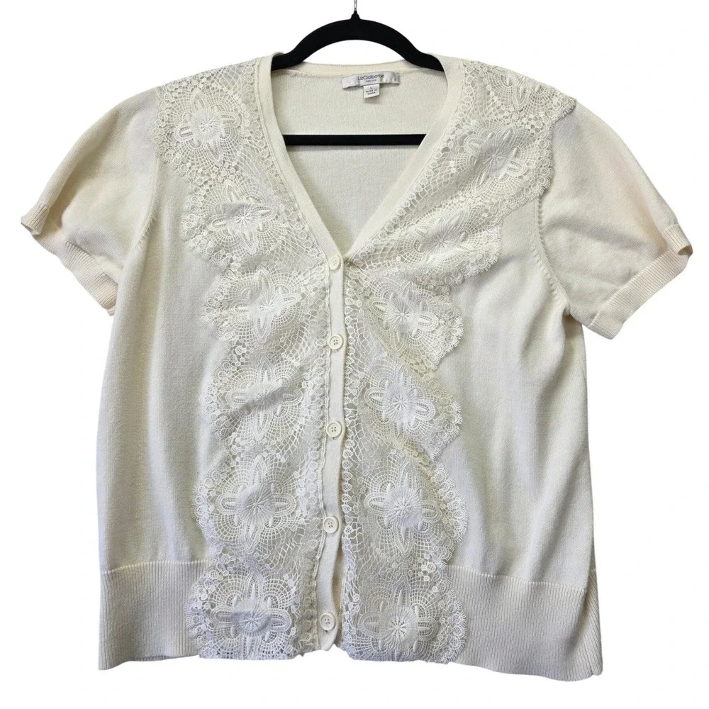 Liz Claiborne Cream Lace Short Sleeve Cardigan‎ Sweater Womens Large